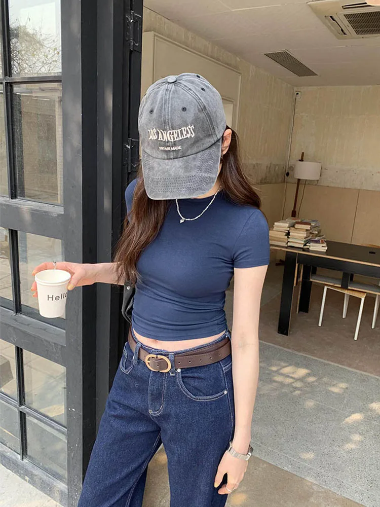 Basic Solid Crop Top Short Sleeve Crewneck Skinny T-shirt Summer Casual Tee for Women y2k Vintage Top Harajuku Streetwear - الصورة 6