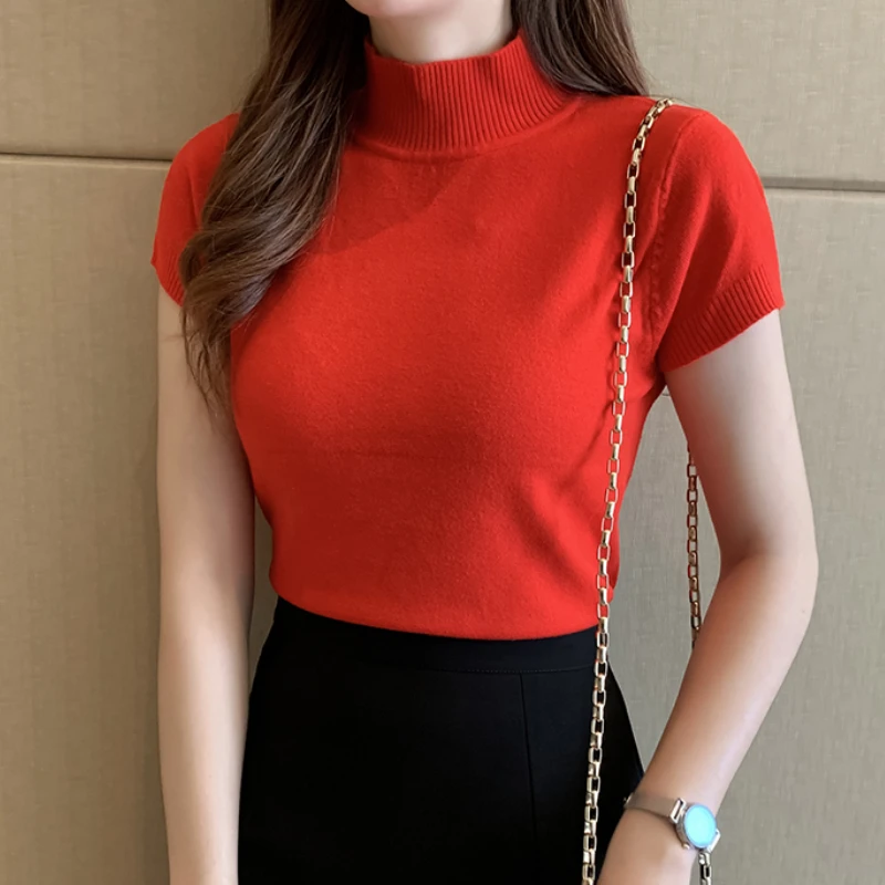 Spring Summer Women Knitted T-Shirts Short Sleeve Shirts Tops Female Elastic Slim Casual Knit Tee Crop Tops Women's T-Shirts - Image 6