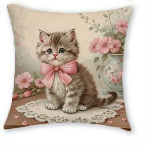 Adorable Kitten-Printed Pillowcases with Pink Bows and Floral Patterns Sofa cushion cover home room decoration 2D flat printing