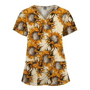 Wholesale Polyester Spandex Uniforms Beautiful Hospital Scrubs Tops Women Nurse Printed Scrub Top Healthcare Nursing Scrub Shirt