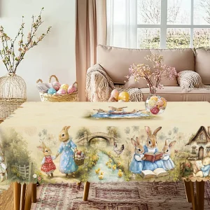 1 Easter Round Tablecloth, 5 Sizes Available, Retro Easter Bunny Egg Flower Print Square Tablecloth, Edge Embossing Process, Easter Spring Garden Tablecloth Decoration, Tablecloth for Daily Home Kitchen, Terrace Use, Easter Decoration
