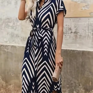 2024 Summer New Fashion Clothing Women's Elegant And Casual V-neck Short Sleeved Stripe Belt Comfortable Dress