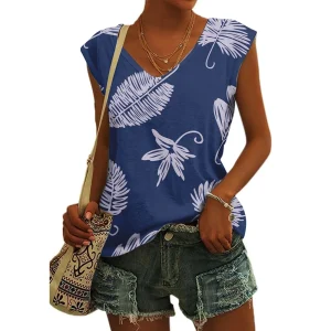 Women's Basic T-shirts Blue Flower Printed Breathable V Neck Cap Sleeves Tank Tops Vintage Summer Beach Loose Fit Tees Tops