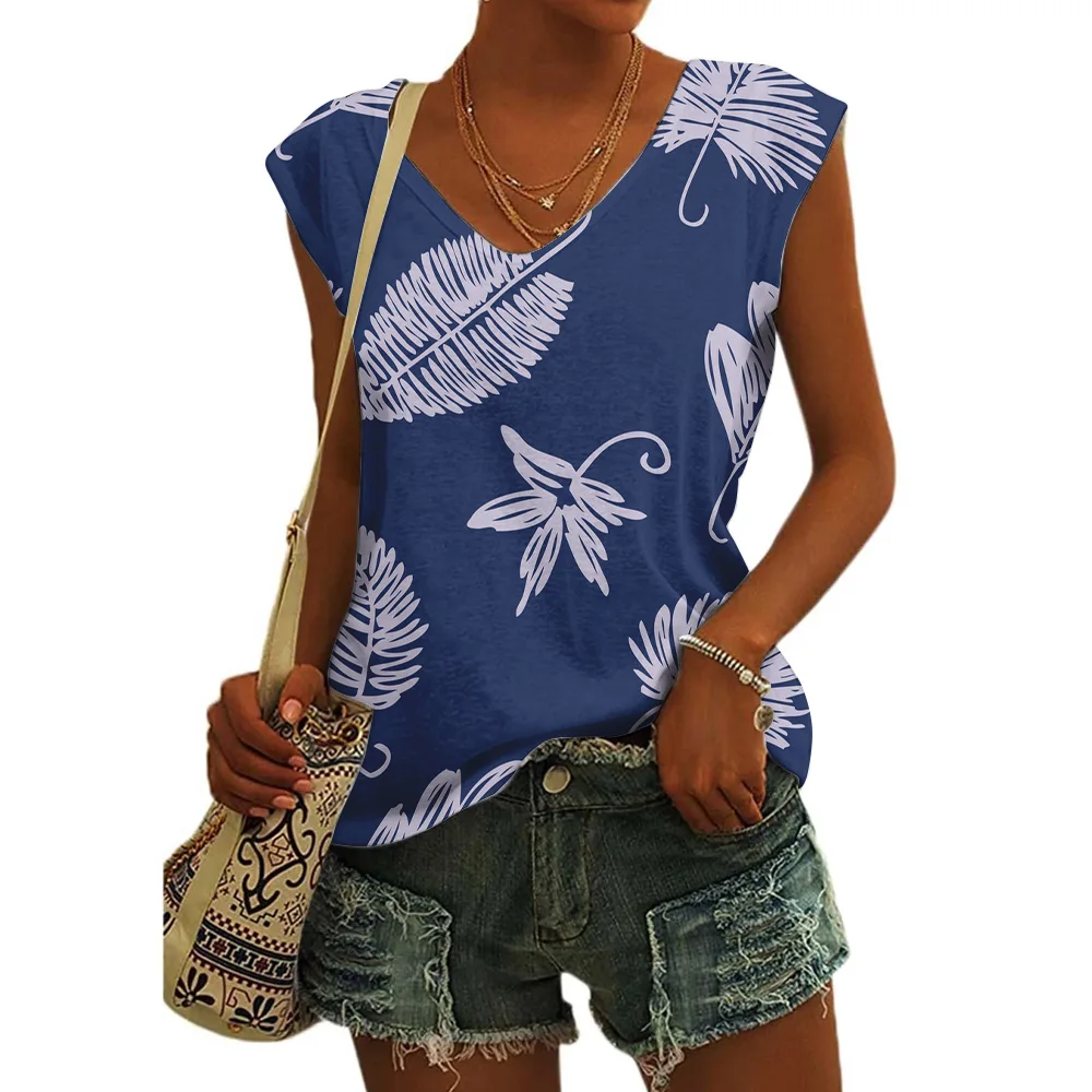 Women's Basic T-shirts Blue Flower Printed Breathable V Neck Cap Sleeves Tank Tops Vintage Summer Beach Loose Fit Tees Tops - Image 13