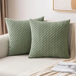 Spring Sage Green Decorative Throw Pillow Covers 18x18 Soft Corduroy Striped Square Pillow Covers for Couch Living Room Bed Sofa
