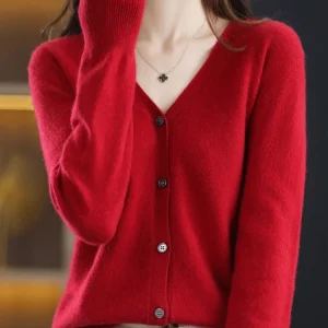 Women Cardigans V-neck Long Sleeve Knitted Outerwear Solid Thin Spring Autumn Sweaters Knitwears Korean Fashion Red Cardigans