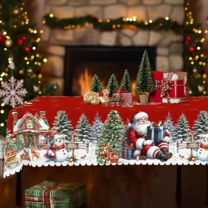 1 Piece of Christmas Round and Rectangular Tablecloth, Available in Various Sizes, for Christmas and New Year, Santa Claus and Snowman Red Tablecloth, Christmas Yard Tablecloth Decoration, Suitable for Daily Home Kitchen and Party Use, Gift
