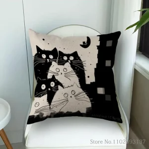 Cute Black And White Cat Printing Pillowcase Cotton Linen Fabric Square Zipper Pillowcase Wedding Decorative Pillow Cover