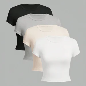 4 pieces Solid color basic short sleeved tight fitting T-shirt for women's casual summer minimalist women's style top O-neck