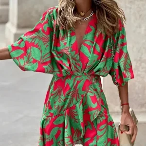 Women Print Dress Sexy V-Neck Bat Sleeve Ruffl Flowers Print Bohemian Beach Sundress Ladies Loose Summer Vacation Mini Dresses