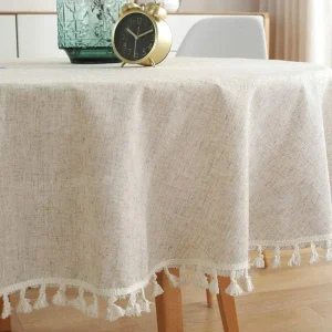 Solid Color Round Tablecloth Cotton Linen Fabric Tassel Dust-Proof Table Cover for Kitchen Dinning Farmhouse Tabletop Decoration