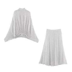 KONDALA Vintage Polka Dot Women Sets Chiffon Bow Tie Loose Blouses Loose Long Skirts Fashion 2026 Spring Summer Holiday Suits