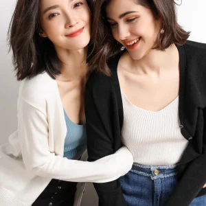 Cardigans Women 2025 Autumn Single Breasted V-neck Knitted Sweater Fashion Short Knitwear Solid Blue Green Pink Women's Jumpers