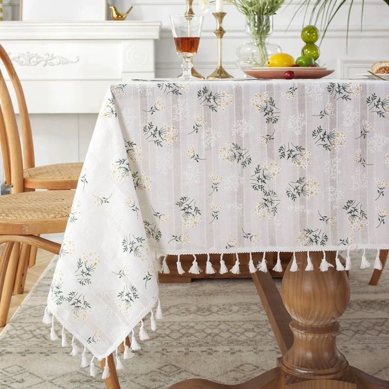Beige Daisy Lace Tassels Cotton Tablecloth Rectangle Table Cover for Tea Table Decorations Kitchen Living Room Wedding Party Use - الصورة 17