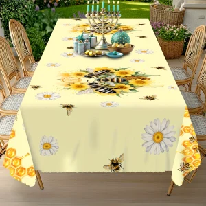 Bee Daisy Printed Tablecloth Wedding Party Decor Washable Summer Floral Bee Hive Rectangle Tablecover Kitchen Dining Table Decor