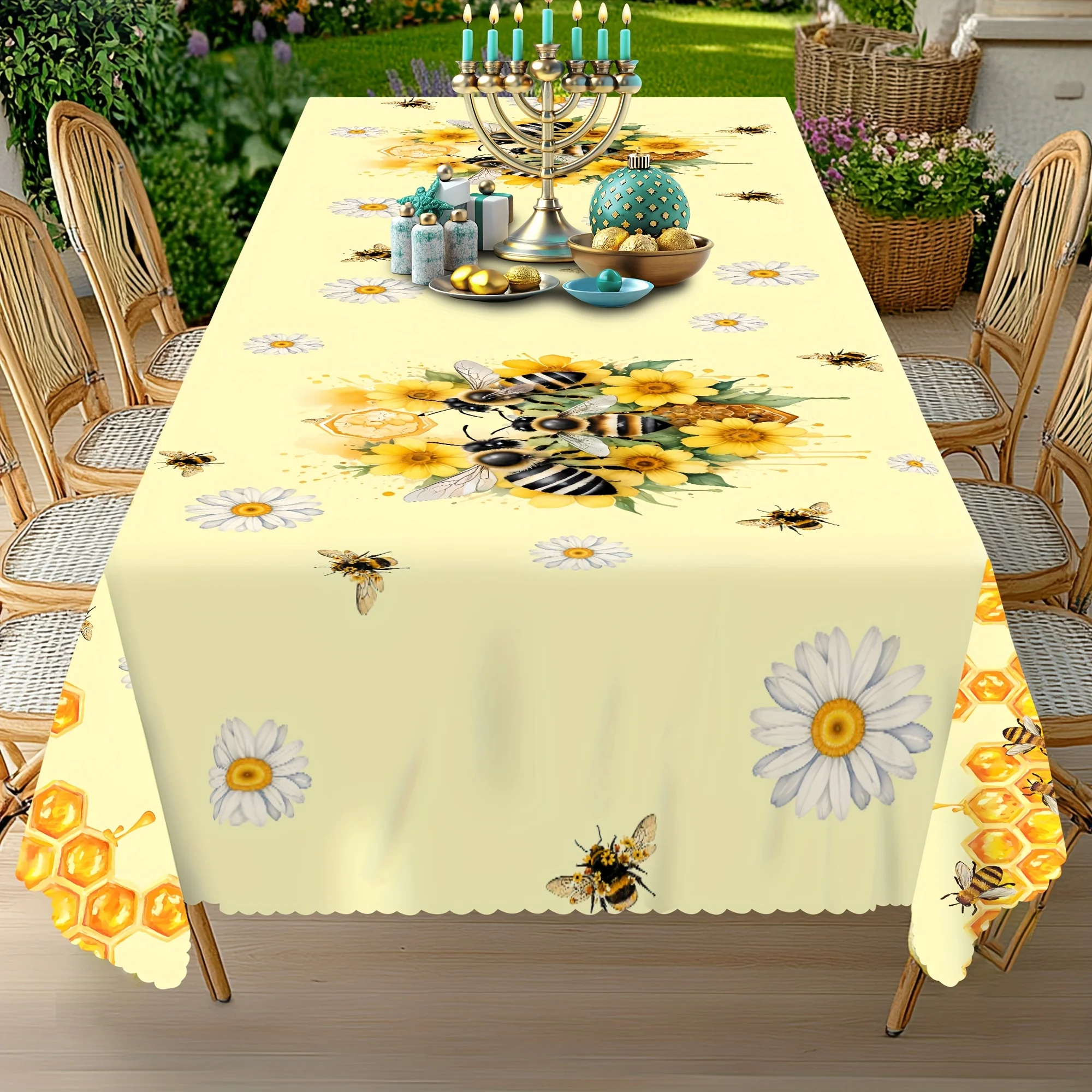 Bee Daisy Printed Tablecloth Wedding Party Decor Washable Summer Floral Bee Hive Rectangle Tablecover Kitchen Dining Table Decor - الصورة 4