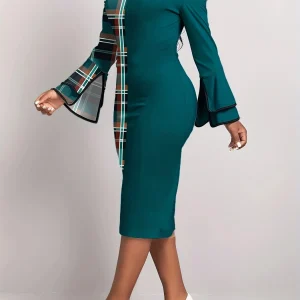 Women's Dress Plaid Patchwork Green Round Neck Tight Dress, No Belt