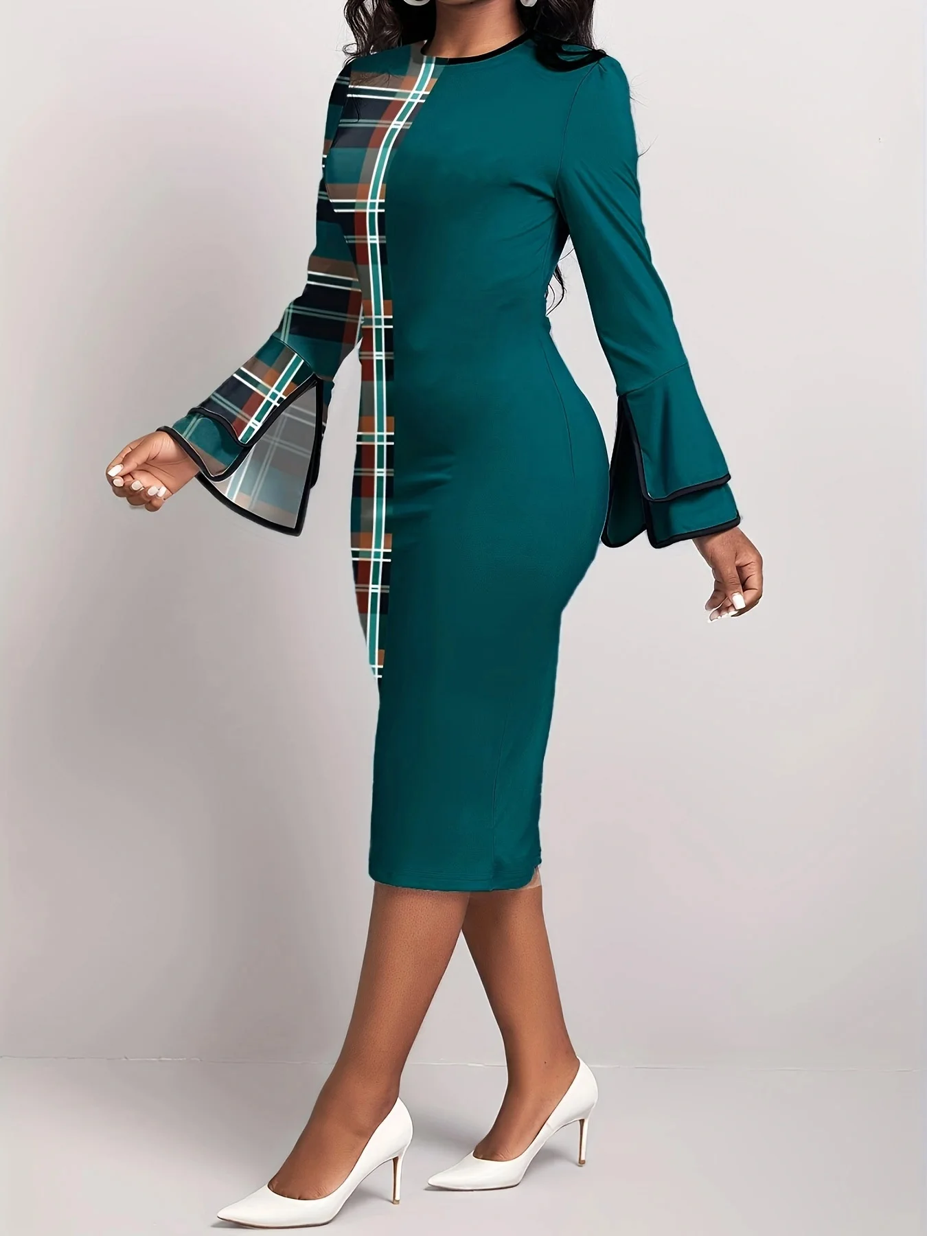 Women's Dress Plaid Patchwork Green Round Neck Tight Dress, No Belt - Image 3