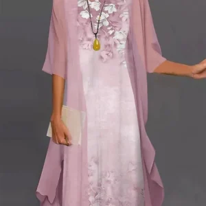 2024 Europe and the United States summer women's casual dress two-piece floral print round collar repair maxi