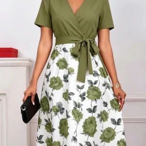 Women's Floral Print V-Neck Tie Waist Midi Dress - Rose Patchwork A-Line Short Sleeve Dress for Casual, Vacation & Wedding Guest