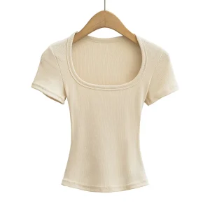 Summer square neck high elasticity crop top women's short sleeved sexy top slim fit pullover base shirt