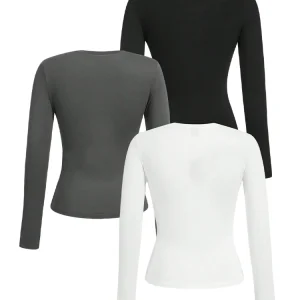Women's solid-color long-sleeved T-shirt - Polyester knitted fabric, round neck, regular fit, fall-winter style