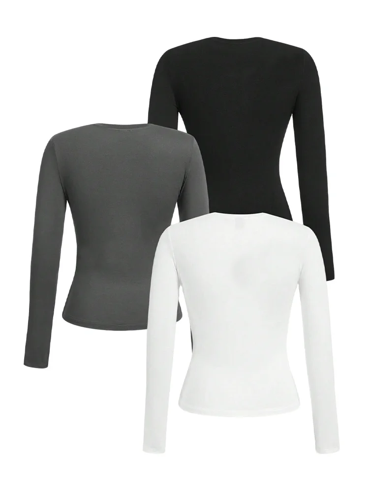 Women's solid-color long-sleeved T-shirt - Polyester knitted fabric, round neck, regular fit, fall-winter style - الصورة 2
