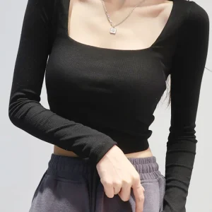Women Ribbed Square Neck Crop Top With Long Sleeve