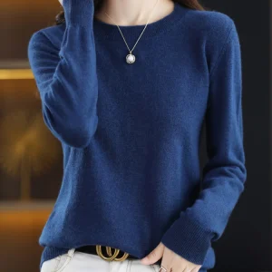 Fashion 100% Merino Wool Sweater Elegant Cashmere Pullover Women O-Neck Long Sleeve Knitwear Basic Clothing Jumper Tops