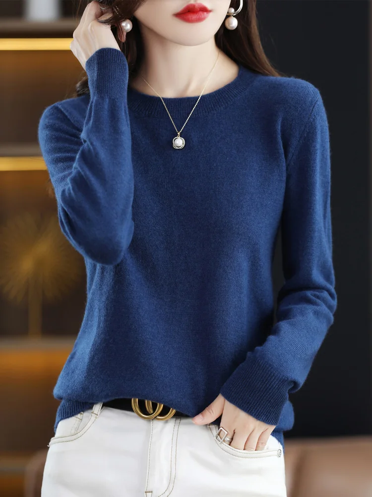Fashion 100% Merino Wool Sweater Elegant Cashmere Pullover Women O-Neck Long Sleeve Knitwear Basic Clothing Jumper Tops - Image 16