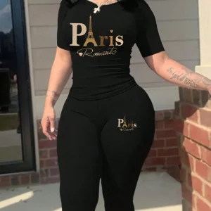 2026 women's new Paris printed two-piece set, casual short sleeved round neck T-shirt and tight pants long pants set