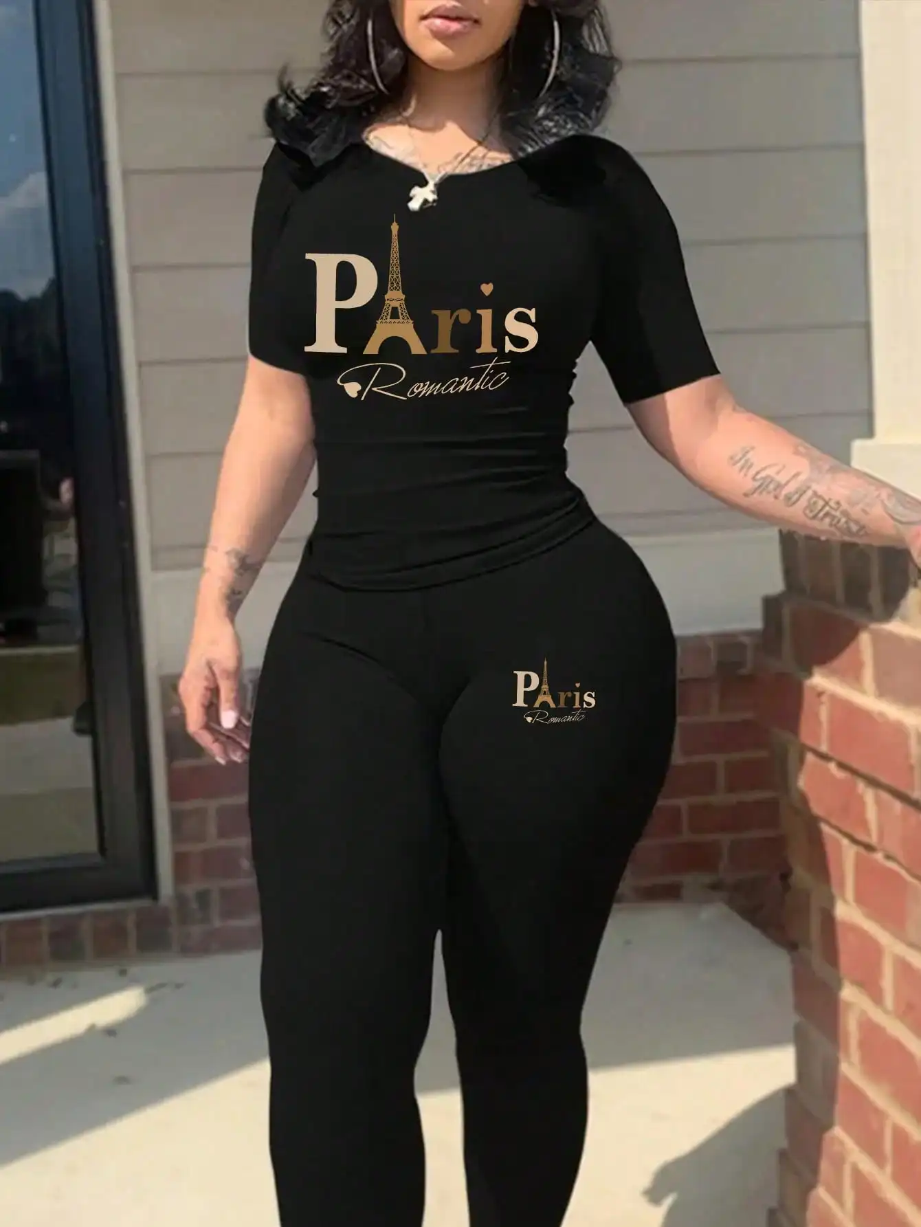2026 women's new Paris printed two-piece set, casual short sleeved round neck T-shirt and tight pants long pants set - Image 2
