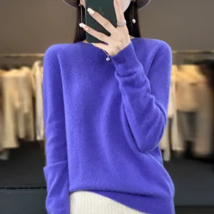 100% Merino solid color sweater ladies autumn and winter new solid color O-neck long sleeve warm fashion loose knit sweater