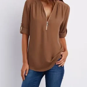 2025 Hot Sale Women Cool Loose Shirt Deep V Neck Chiffon Fashion Blouse Casual Ladies Tops Sexy Zipper Pullover Plus Size