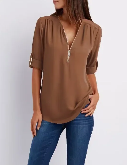 2025 Hot Sale Women Cool Loose Shirt Deep V Neck Chiffon Fashion Blouse Casual Ladies Tops Sexy Zipper Pullover Plus Size - Image 10