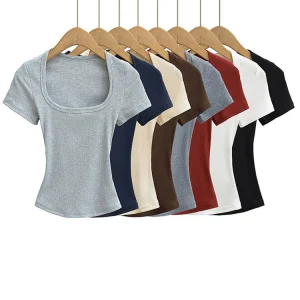 Summer square neck high elasticity crop top women's short sleeved sexy top slim fit pullover base shirt