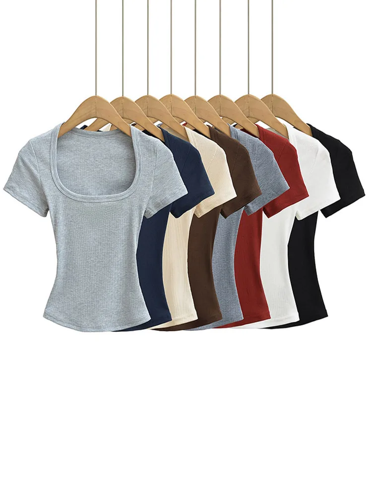 Summer square neck high elasticity crop top women's short sleeved sexy top slim fit pullover base shirt - Image 3