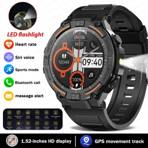 Smartwatch Military Men 360*360 HD Screen Flashlight Health Monitor Waterproof Heart Rate BT Call Smart Watch