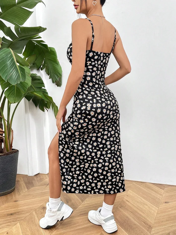 Fall 2025 Long Dress Strapless Wrap Chest High Slit Daisy Leopard Print Wrap around Skirt Maxi Dress - الصورة 4