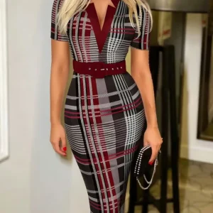 Women's Sexy Geometric Pattern V-Neck Midi Pencil Dress with Belt, Long Sleeve Knit Bodycon Dress, Suitable for All Seasons