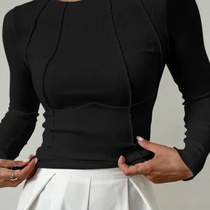 T-shirt Spring/Summer Women's Slim Fit Casual Round Neck Basic Pullover Chest Shape Stitching Long Sleeve Sports Dopamine Shirt