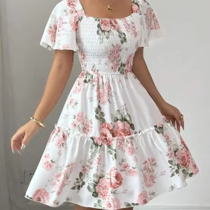 Women Floral Print Sashes Ruffle Hem Short Sleeve Casual Dress, Vacation Style Women's Evening Dresses