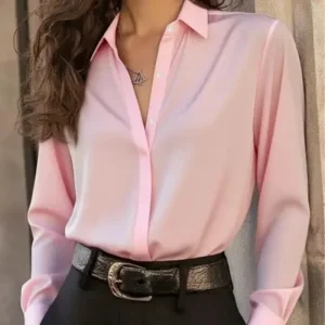 Women's  Long Sleeve Button Down Blouse - Elegant Office Chic Top with Classic Collar & Versatile Style