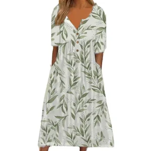 2026 New European & American Women's Spring Trendy Printed V-Neck Button Short-Sleeve Maxi Dress