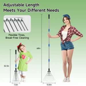 160CM Metal Garden Rake With Adjustable Handle for Leaves, Thatch, and Lawns - Heavy Duty Leaf Collector for Garden and Yard