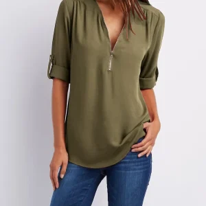 2025 Hot Sale Women Cool Loose Shirt Deep V Neck Chiffon Fashion Blouse Casual Ladies Tops Sexy Zipper Pullover Plus Size
