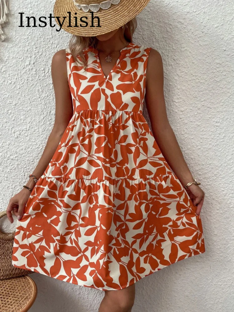 Women Boho Print Mini Dress Summer Elegant Sleeveless V Neck Ruffle A Line Tank Dress Casual Loose Oversize Beach Party Sundress - الصورة 3