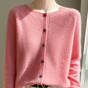Women's Sweater Cardigans 100% Merino Wool Knitwear Raglan Sleeve Cashmere O-neck Solid Autumn Winter Casual Comfortable Tops