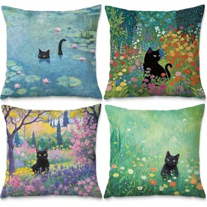 Home Decor Black Cats in Floral and Scenic Scenes Pattern Cushion Cover Suitable for Sofa Bedroom Car Pillow Cover