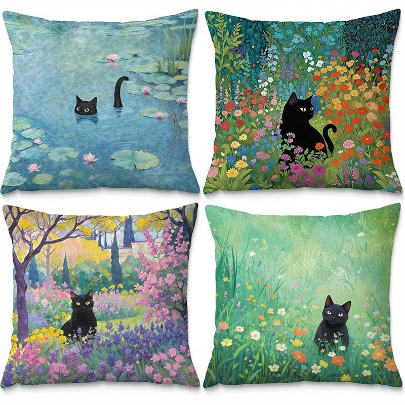 Home Decor Black Cats in Floral and Scenic Scenes Pattern Cushion Cover Suitable for Sofa Bedroom Car Pillow Cover